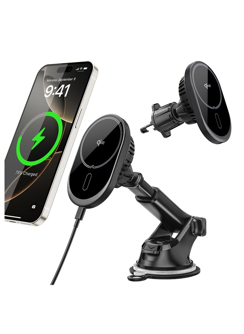 A2C MagSafe Car Mount Charger, QI2 15W Wireless Car Charger with Semiconductor Cooler, Magnetic Car Charger for iPhone 16 15 14 13 12, Dash+Windshield+Vent Mount, PD 30W Adaptor Included - Image 1